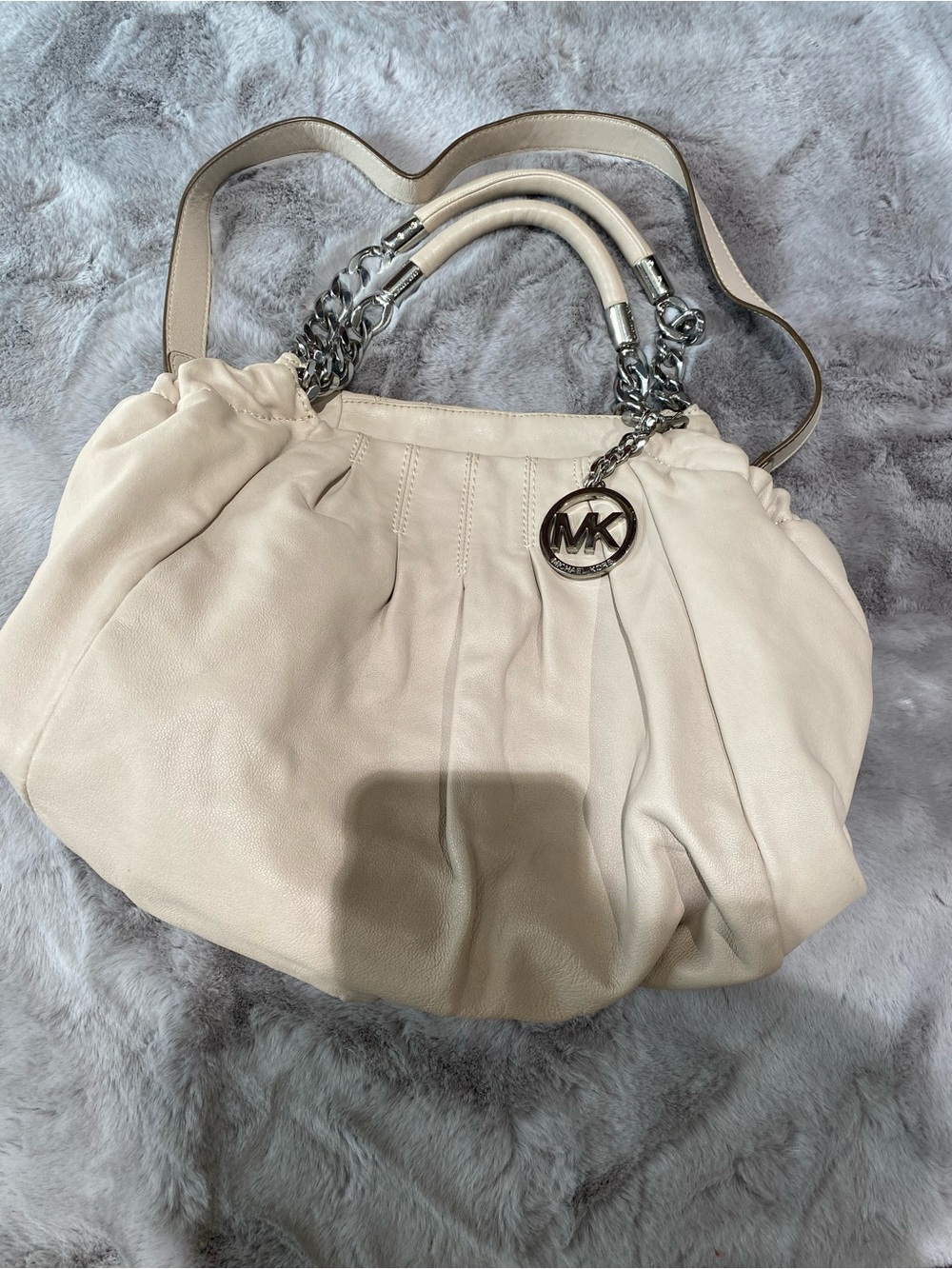 Michael Kors Beige Leather Shoulder Bag with Silver Chain Handles